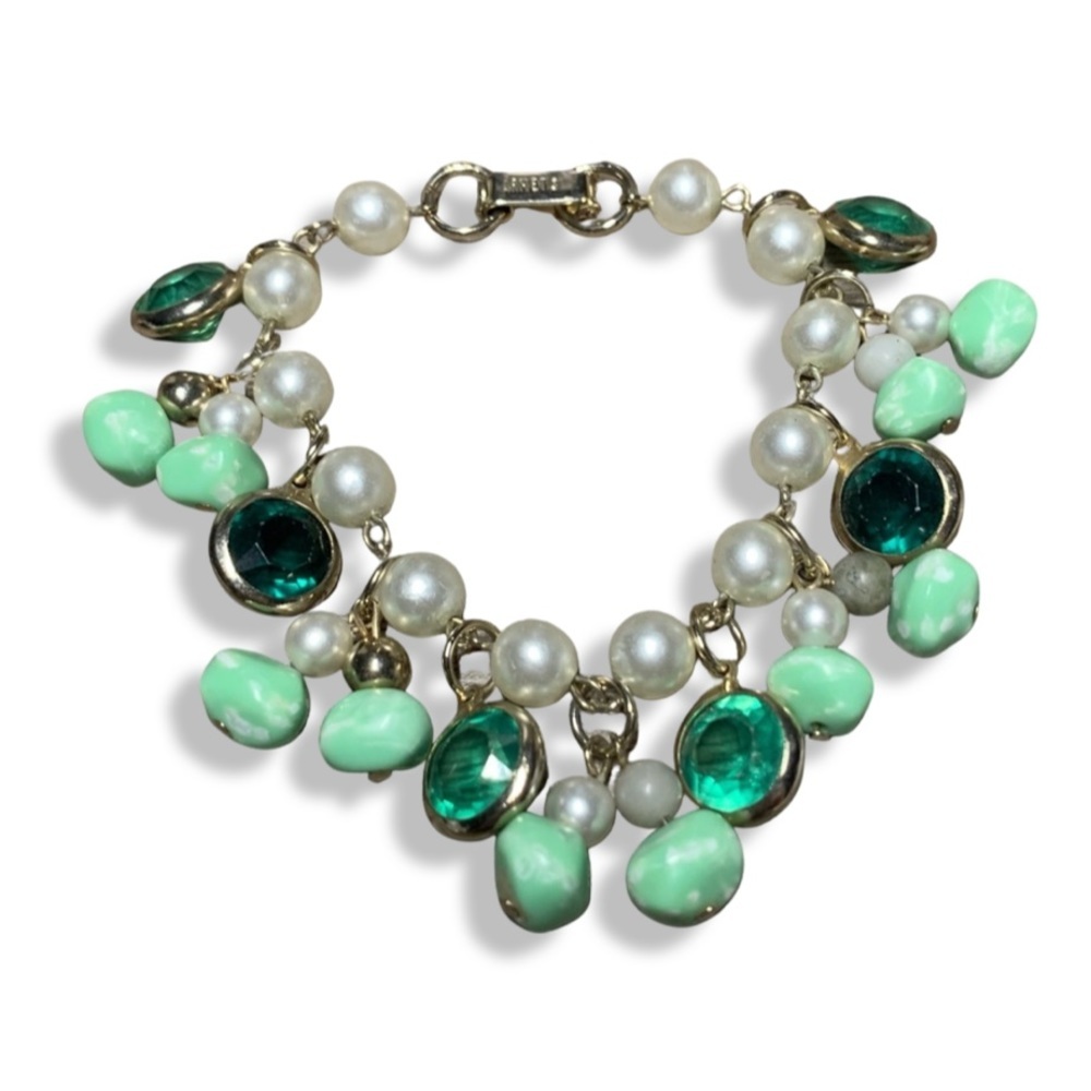Vintage Designer Signed AHMET Gold Tone Green Crystal & Pearl Cha-Cha Bracelet